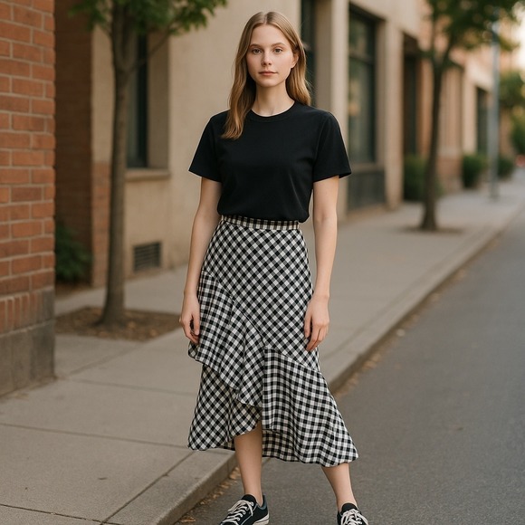 NEW A New Day Gingham Plaid Asymmetrical Ruffle Hem Skirt Black White Size 2 - Picture 1 of 7